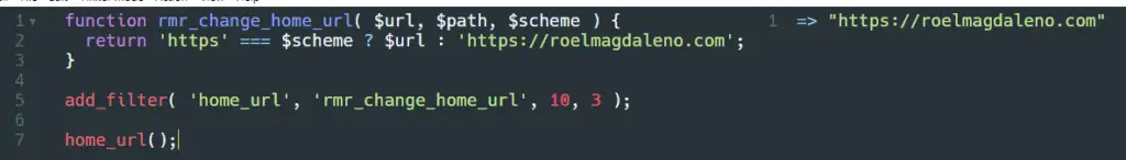 Resultado de la función home_url() en Tinkerwell después de usar filtros.