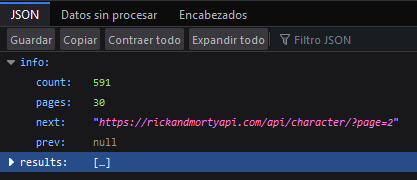 Resultado de API REST de Rick & Morty.