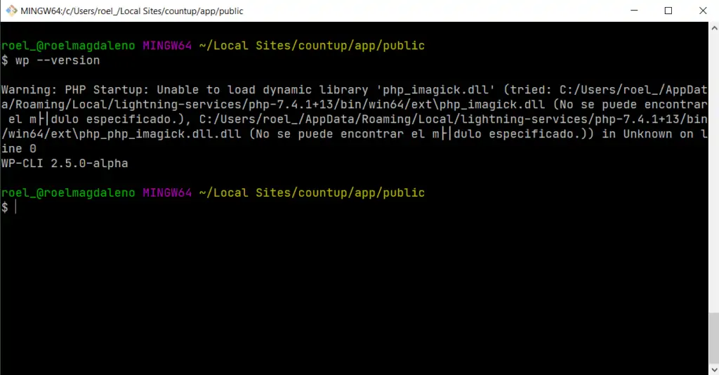 Terminal del sitio en Local By Flywheel con WP-CLI cargado donde se usará PHPUnit.