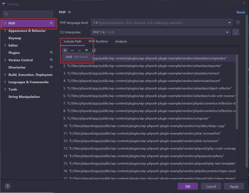 Settings de PHPStorm para agregar PHPUnit.