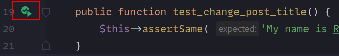 Botones para ejecutar la prueba de PHPUnit en PHPStorm.