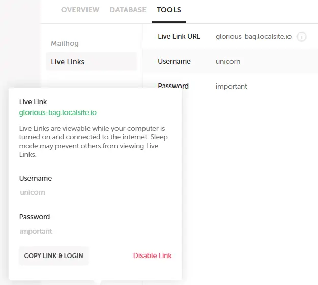 Live Link - Enlace, usuario y contraseña para tus clientes en Local. Parte de las herramientas de Local WP.